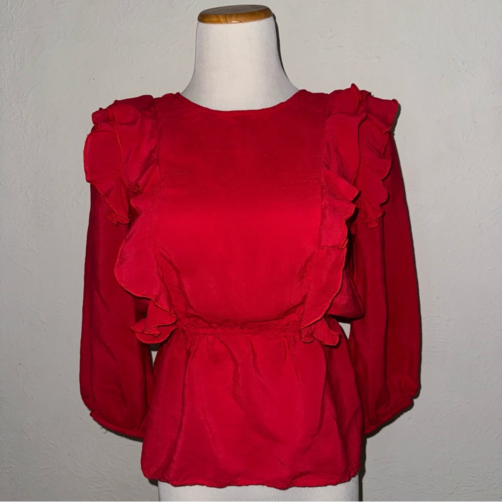 LUCKY BRAND cherry red ruffle elastic skirted snatched waist long puff sleeve M